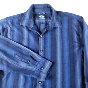 Van Heusen Studio Dress Shirt Mens L Blue Stripe Slim Fit Long Sleeve Western